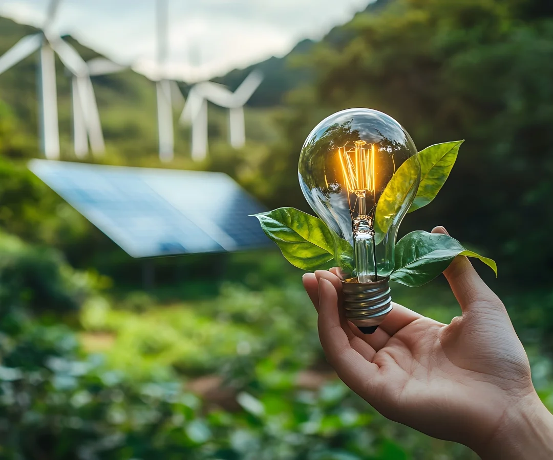 hand holding light bulb with green leaves against backdrop wind turbines solar panel cd8bf